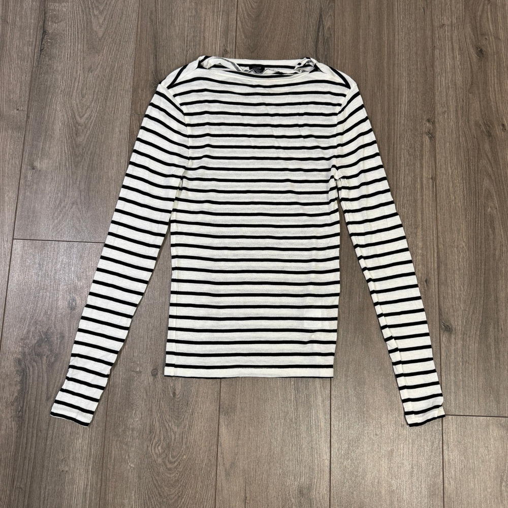 J.Crew Collection Sheer Wool Blend Long Sleeve T-Shirt WMNS S White Black Stripe - Picture 3 of 9